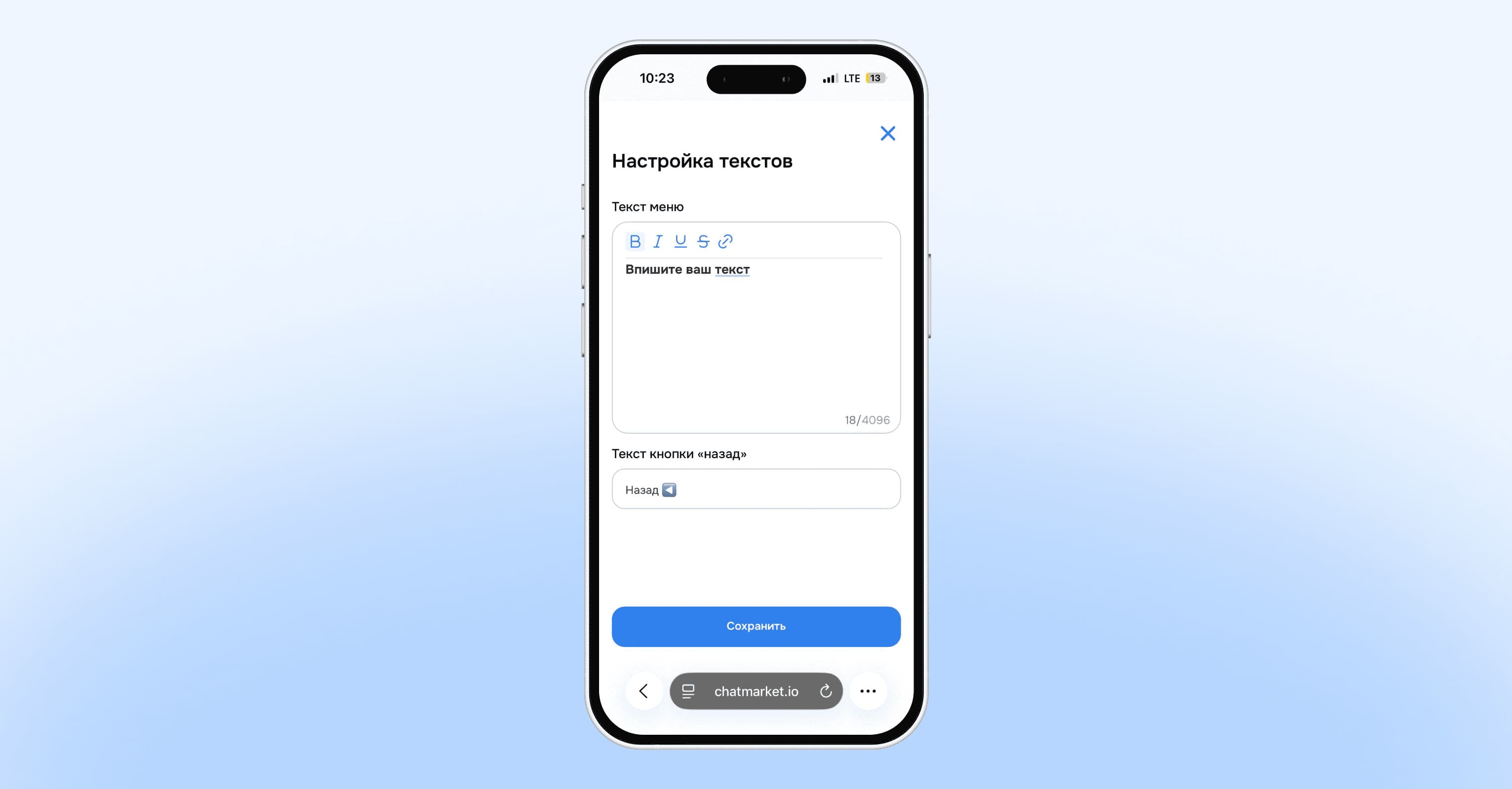 Окно настройка текстов